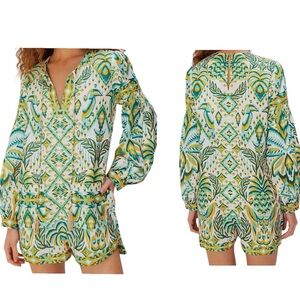 Farm Rio Tropical Tapestry Boho Linen Resort Romper size M NWT